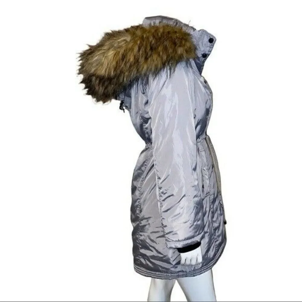 Madden Girl Juniors Silver Grey Faux Fur Trim Hooded Anorak Parka Coat Small NWT